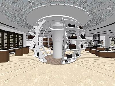Modern Clothing Store Interior With Circular Display Structure Shelves And Bags 3d model