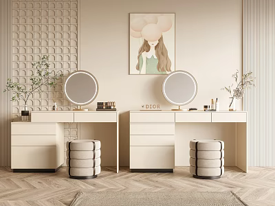 Elegant White Double Dressing Tables With Round Mirrors Wall Art And Padded Stools 3d model