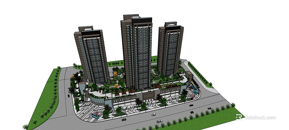 Three High Rise Residential Buildings With Surrounding Greenery Low Rise Structures And Landscaped Areas 3d model 