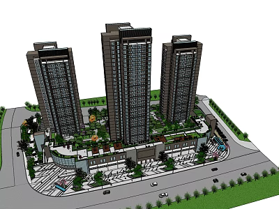 Three High Rise Residential Buildings With Surrounding Greenery Low Rise Structures And Landscaped Areas 3d model