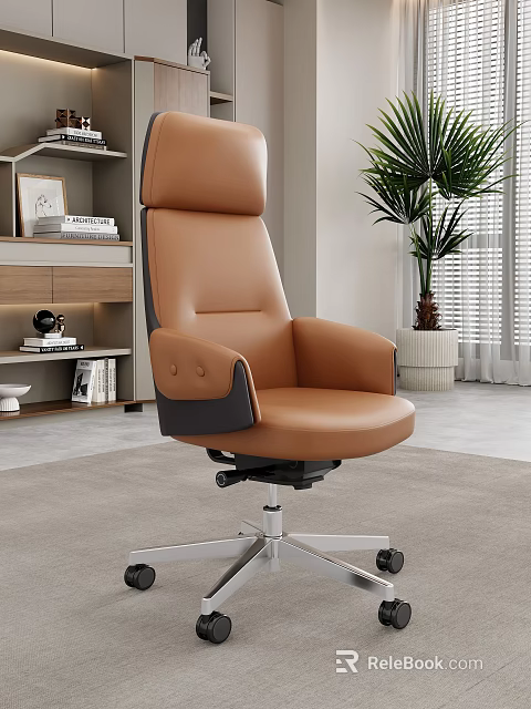 Brown Leather Office Chair With High Backrest Armrests And Silver Base 3d model 