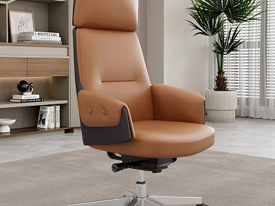 Brown Leather Office Chair With High Backrest Armrests And Silver Base 3d model