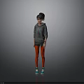 Woman With Black And Red Hair Wearing Gray Hoodie Red Leggings And Blue Sneakers