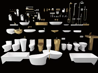 Elegant Modern Bathroom Set With Bathtubs Toilets Sinks Faucets And Shower Accessories 3d model