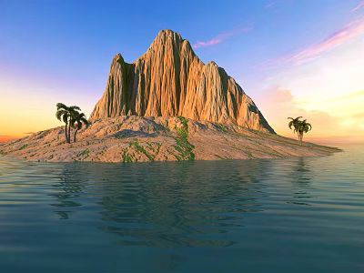 Tropical Garden Landscape with Rocky Mountain Palm Trees and Sunset Water Reflection 3d model