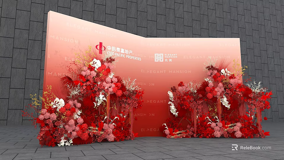 Elegant Floral Installation For Grand Opening Ceremony With Red Pink Flowers And Decorative Backdrop 3d model 