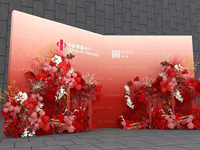 Elegant Floral Installation For Grand Opening Ceremony With Red Pink Flowers And Decorative Backdrop 3d model
