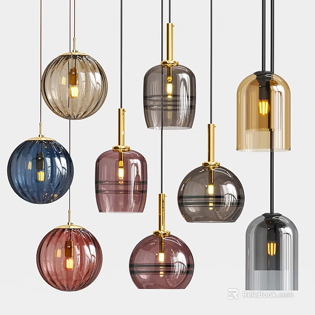 Modern Colorful Glass Pendant Lights With Gold Metal Frames And Various Shapes 3d model 
