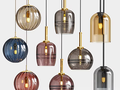 Modern Colorful Glass Pendant Lights With Gold Metal Frames And Various Shapes 3d model