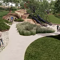 Park Landscape With Green Lawn Trees Children's Playground Slides Climbing Frames And Street Lamps