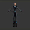 Game Movie Female Character 3D Model Dark Bodysuit with Blue Glowing Accents Standing Arms Outstretched