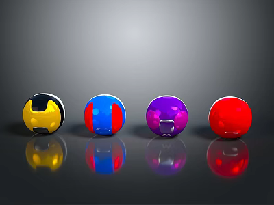 Colored Glossy Spheres Yellow Blue Purple Red Arranged in Row With Reflective Surfaces Gray Background 3d model
