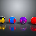 Colored Glossy Spheres Yellow Blue Purple Red Arranged in Row With Reflective Surfaces Gray Background