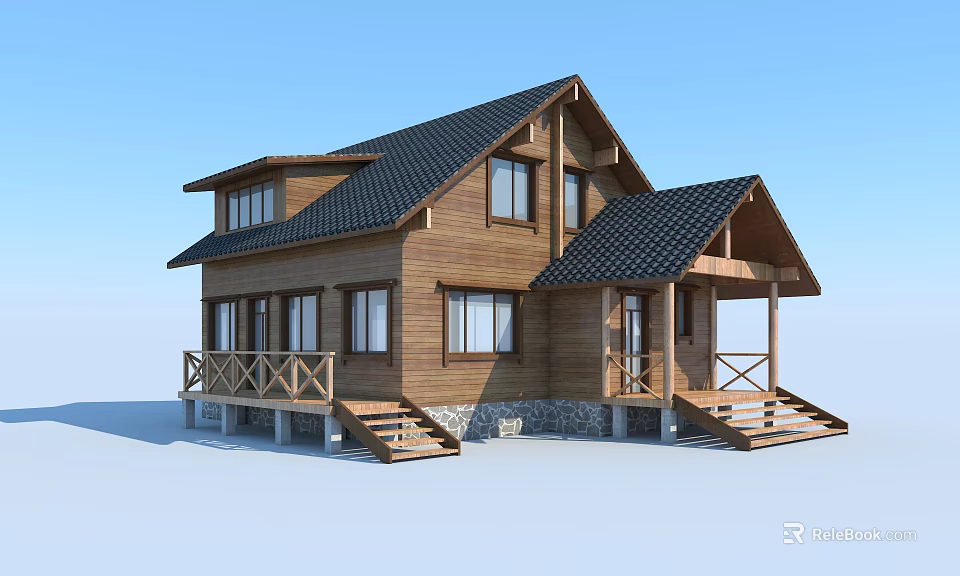 Two Story Wooden House With Black Roof Multiple Windows Porch Steps And Stone Base 3d model 