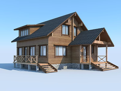 Two Story Wooden House With Black Roof Multiple Windows Porch Steps And Stone Base 3d model