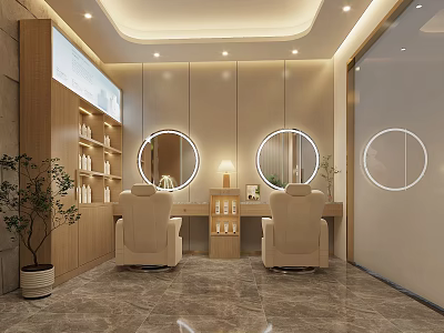 Modern Hair Salon Interior With Styling Chairs Round Mirrors And Wooden Shelves 3d model