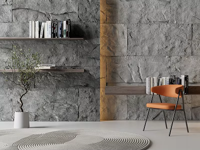 Stone Wall Interior with Wooden Shelves Books Olive Tree Orange Chair and Geometric Rug 3d model