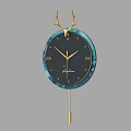 Decorative Wall Clock with Antler Decoration Black Dial Blue Edge and Golden Pendulum