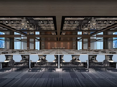 Modern Conference Room Interior With Rows Of Tables Chairs And Large Windows 3d model