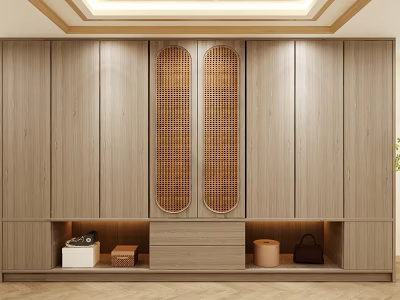 Modern Wooden Wardrobe With Central Lattice Doors Drawers And Open Shelves Natural Design 3d model