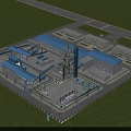 Building Exterior Wall of Industrial Facility with Blue Roof White Exterior Green Lawn Surrounding Roads