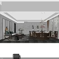 Chinese Style Private Room With Dining Table Chairs Sofa And Decorative Elements 3d model