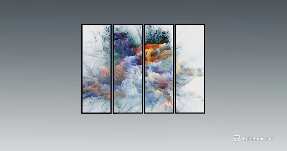 Fluid Abstract Painting Four Panel Artwork With Vibrant Purple Blue Orange Hues 3d model 