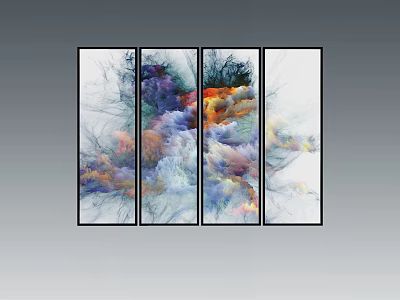 Fluid Abstract Painting Four Panel Artwork With Vibrant Purple Blue Orange Hues 3d model