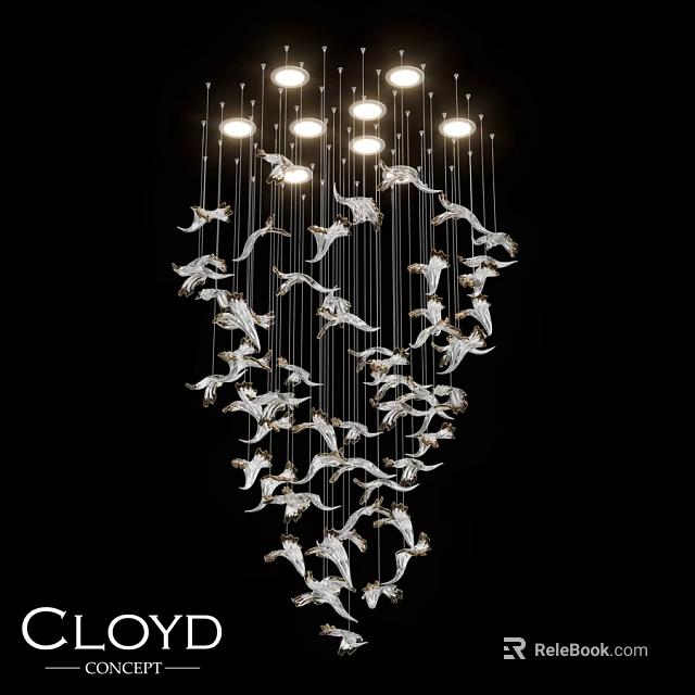 Modern Decorative Chandelier With Hanging Bird Ornaments And Multiple Round Lights 3d model 