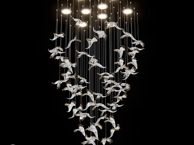 Modern Decorative Chandelier With Hanging Bird Ornaments And Multiple Round Lights 3d model