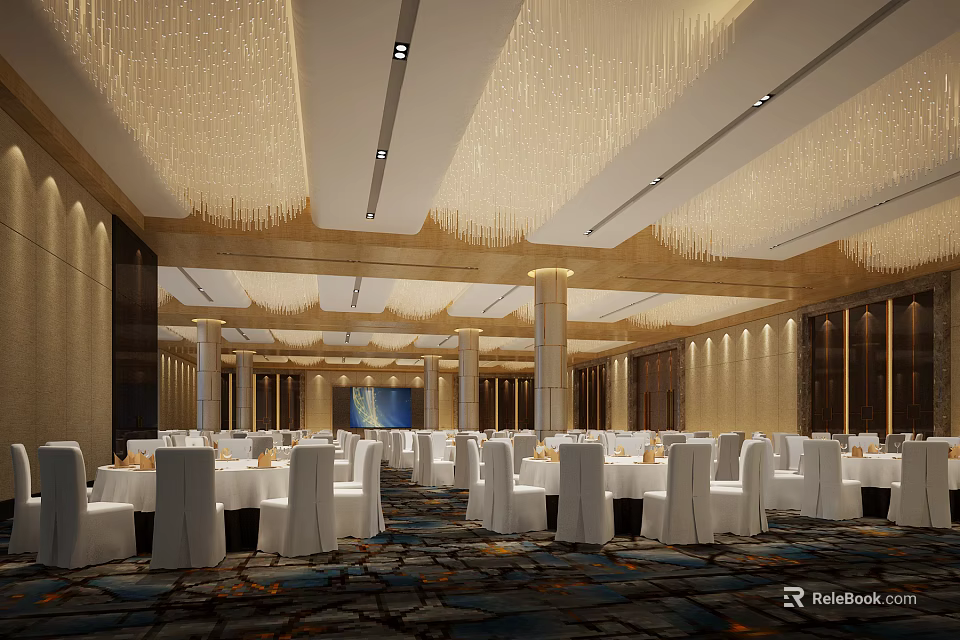Elegant Banquet Hall With Crystal Chandeliers White Tables Chairs And Marble Pillars 3d model 