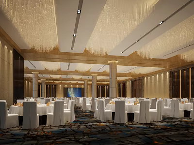 Elegant Banquet Hall With Crystal Chandeliers White Tables Chairs And Marble Pillars 3d model