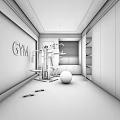 Modern Gym Interior With Red Wall GYM Sign Mirrors Fitness Equipment And Blue Exercise Ball