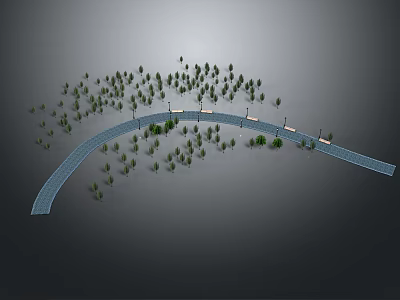 Modern Urban Landscape Pathway With Lined Trees And Street Lighting Design 3d model