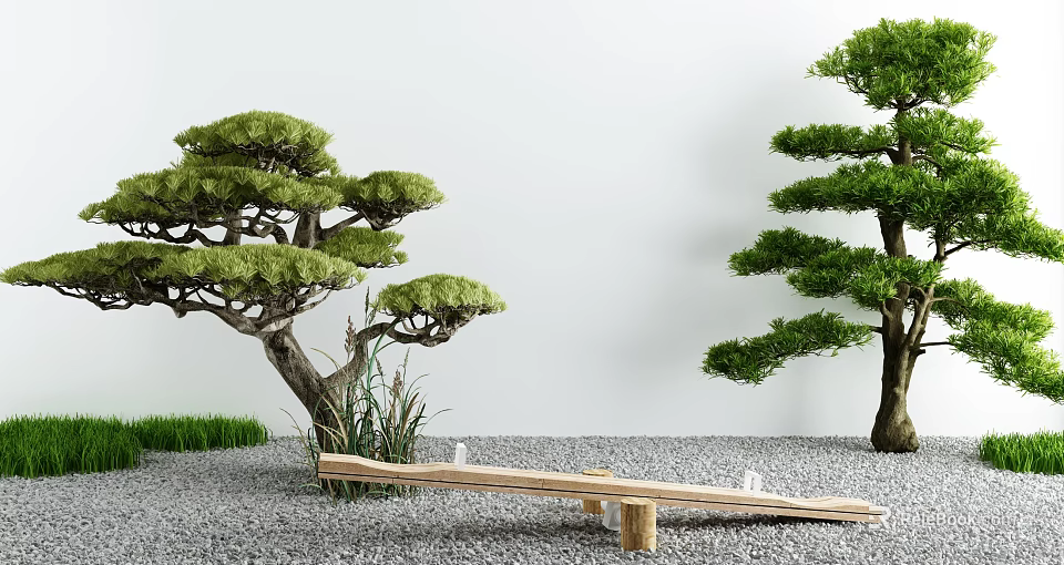 Japanese Style Garden with Styled Pine Trees Grass Gravel Ground and Wooden Seesaw 3d model 