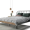 Double Bed with Black Metal Headboard Gray Bedding Nightstand Hanging Lights and Geometric Rug