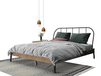 Double Bed with Black Metal Headboard Gray Bedding Nightstand Hanging Lights and Geometric Rug 3d model