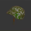 Camouflage Helmet With Green White Pattern Mesh Structure On Orange Stand 3d model