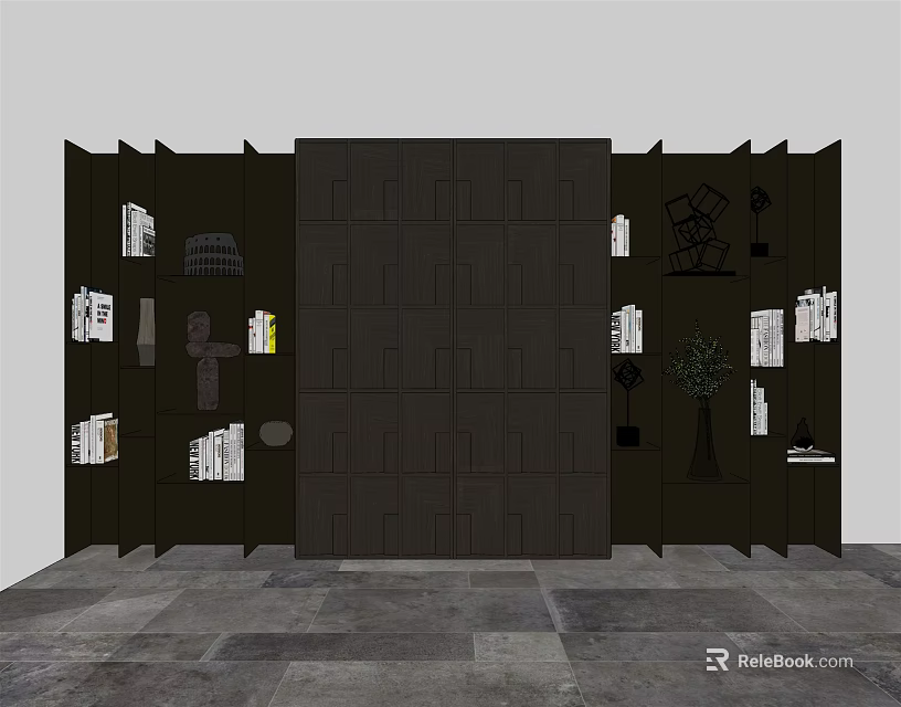Modern Dark Bookcase With Multiple Compartments Books Decorative Sculptures And Small Plant 3d model 