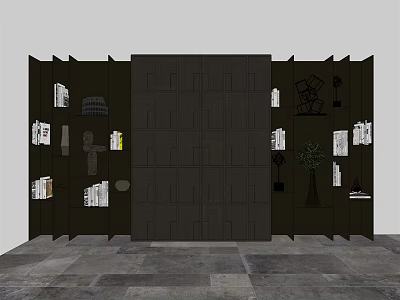 Modern Dark Bookcase With Multiple Compartments Books Decorative Sculptures And Small Plant 3d model
