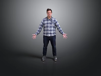 Man In Plaid Shirt And Dark Pants With Outstretched Hands Against Gray Background 3d model