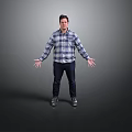 Man In Plaid Shirt And Dark Pants With Outstretched Hands Against Gray Background