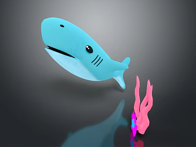 Adorable Blue Whale Accompanied by Soft Pink Coral with Clear Reflection on Gray Background 3d model