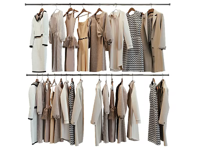 Women's Elegant Clothes Hanging on Racks with Various Styles and Neutral Tones 3d model