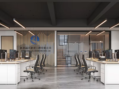 Modern Public Office Interior Design With Open Layout Desks Computers And Ergonomic Chairs 3d model