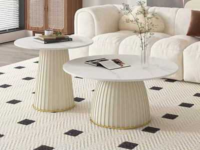 Stylish White Coffee Tables with Pleated Base Gold Trim and Magazines on Patterned Rug Featuring Flower Vase 3d model