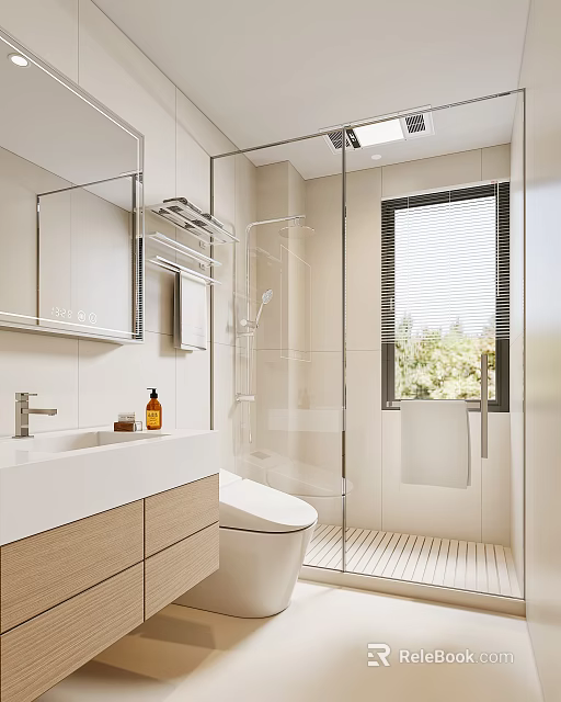 Modern Bathroom Interior with White Vanity Glass Shower Enclosure Mirror Toilet and Window Blinds 3d model 