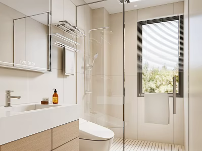 Modern Bathroom Interior with White Vanity Glass Shower Enclosure Mirror Toilet and Window Blinds 3d model