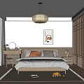 Modern Bedroom Interior With Wooden Bed Pendant Light Decorative Painting And Wardrobe