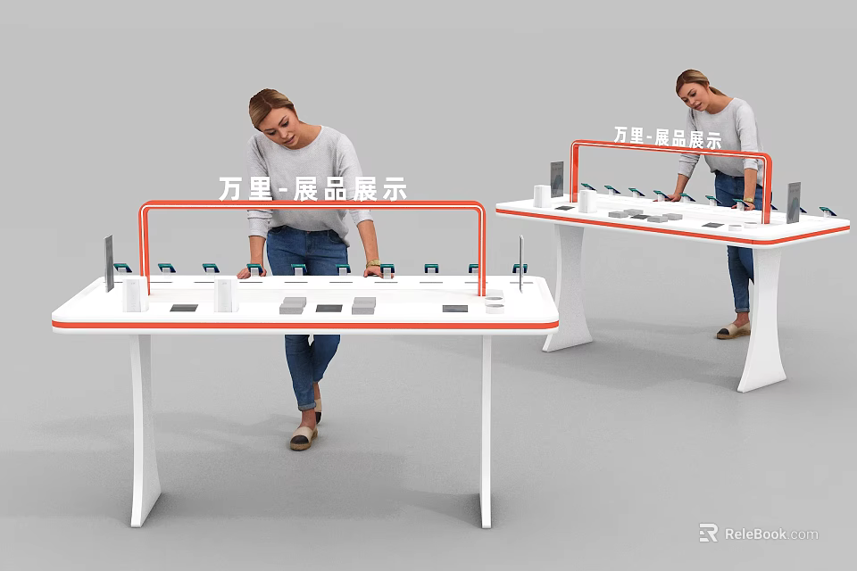 Modern Display Shelves Design for Product Exhibition with Table and Person Showcasing Items 3d model 